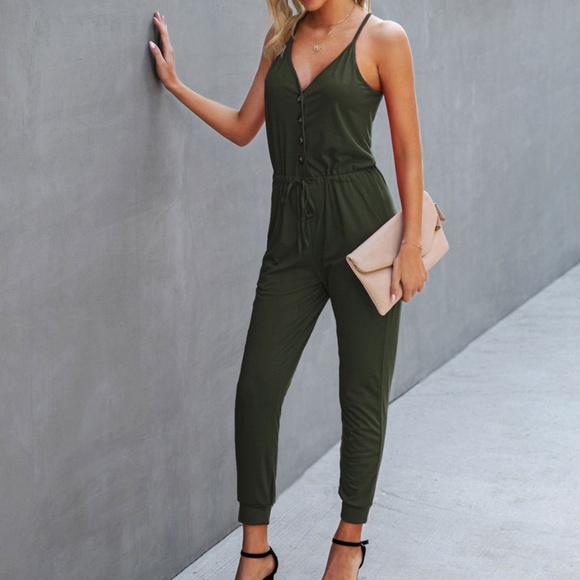 Drawstring Button Front Cami Jumpsuit Boho Olive - Picture 8 of 10